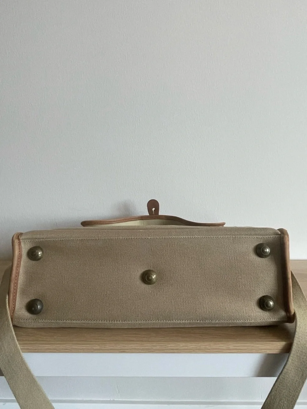 Brahmin x Sperry canvas vintage messenger laptop bag beige brown leather trim